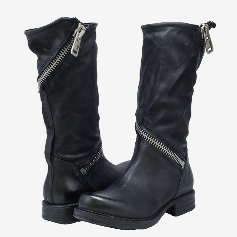 A.S.98 Black Leather Mid-Calf Moto Boots with Silver Zippers